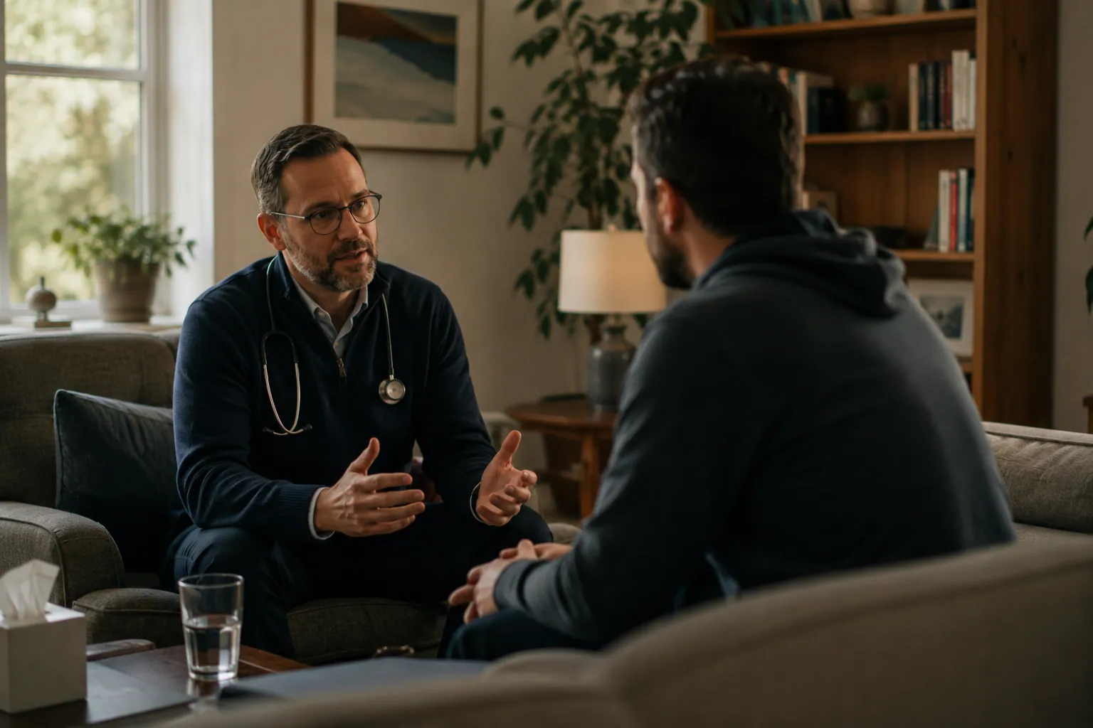 A doctor with a stethoscope sitting in an armchair, talking with a patient in a warm, domestic consulting room