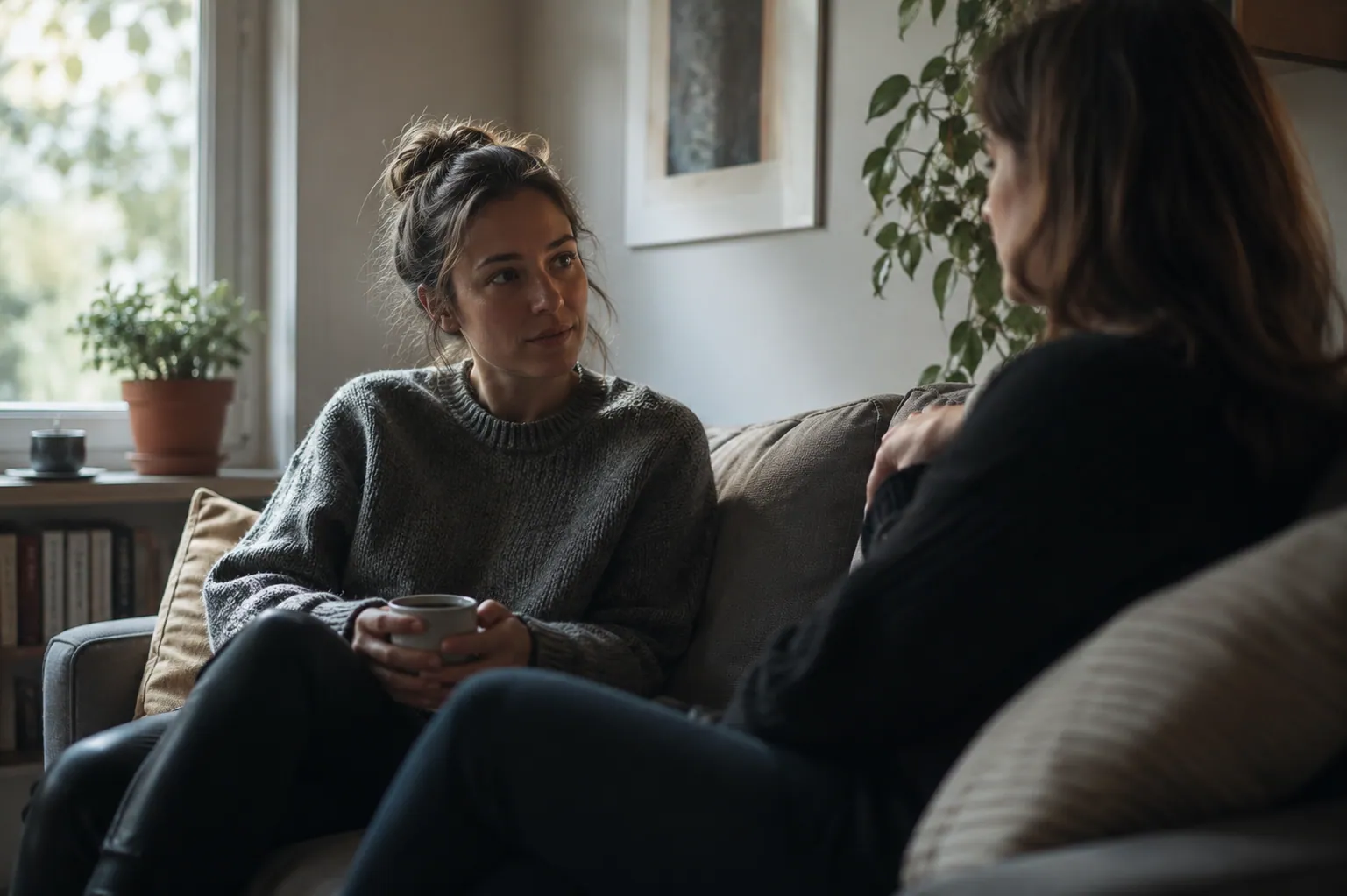 Two women sitting on a sofa in a bright living room, talking quietly over cups of tea