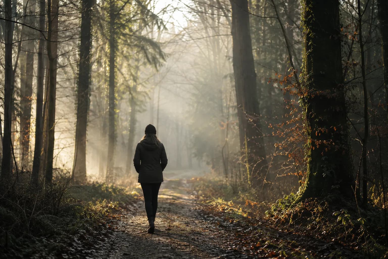 A woman walking alone along a woodland path in early morning mist, sunlight coming through the trees ahead of her