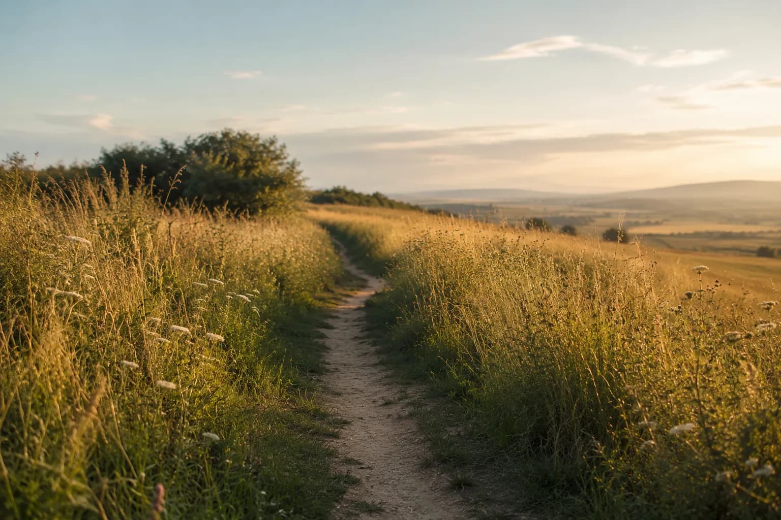 A narrow footpath winding through a summer meadow of long grass and wildflowers, with open countryside beyond