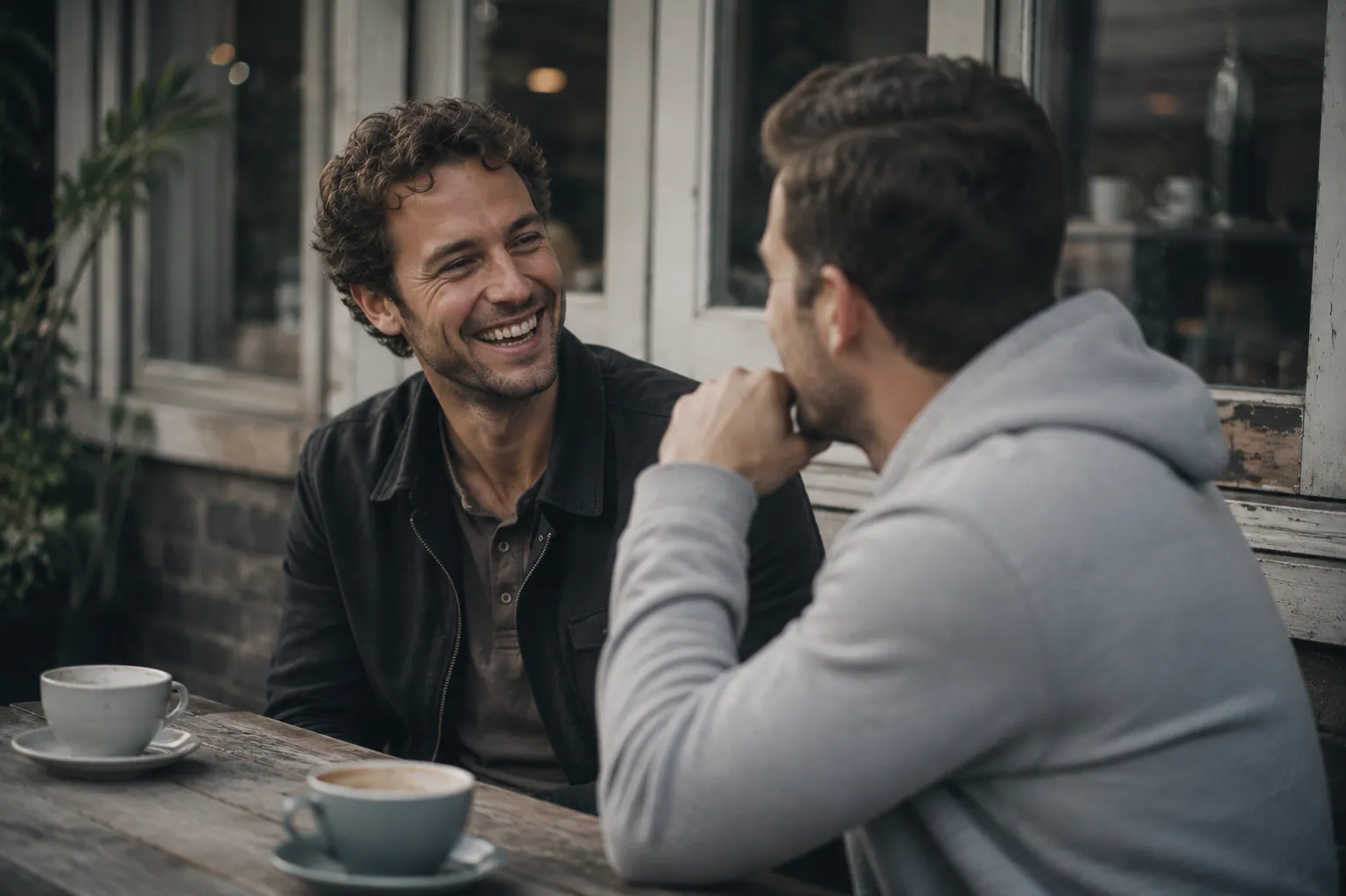 Two men sitting outside a café with coffee, one laughing as the other talks