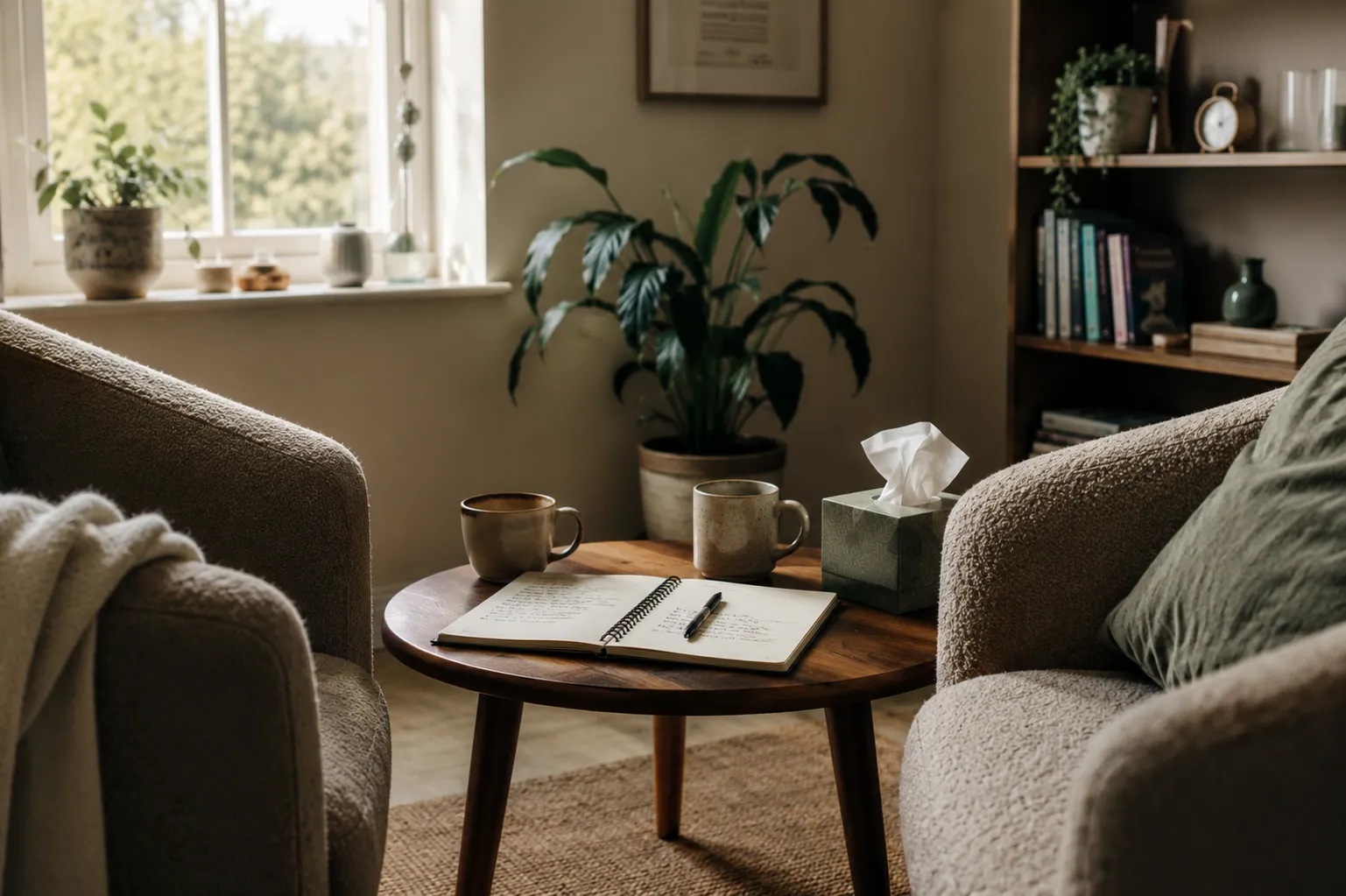 An empty therapy room with two soft armchairs facing a small wooden table holding two mugs, an open notebook and a box of tissues